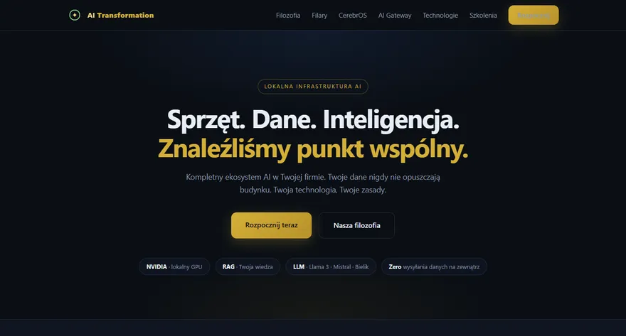 Strona od Qwen3.8-27B: ciemne tło, złote akcenty, hasło Sprzęt. Dane. Inteligencja.