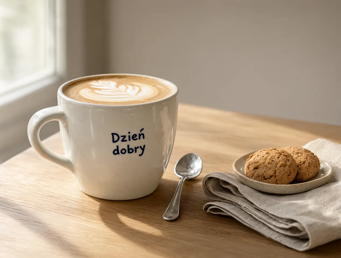 Biały ceramiczny kubek z cappuccino i liściem latte art, na kubku granatowy napis Dzień dobry. Obok łyżeczka, lniana serwetka i dwa ciastka na talerzyku, poranne światło z okna