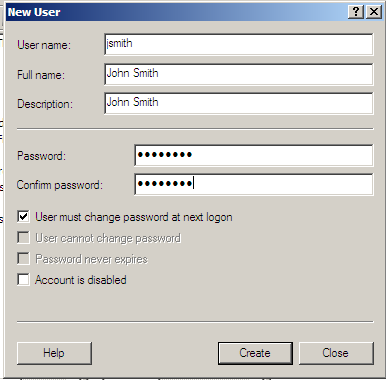 Creating an account in Windows Server 2008