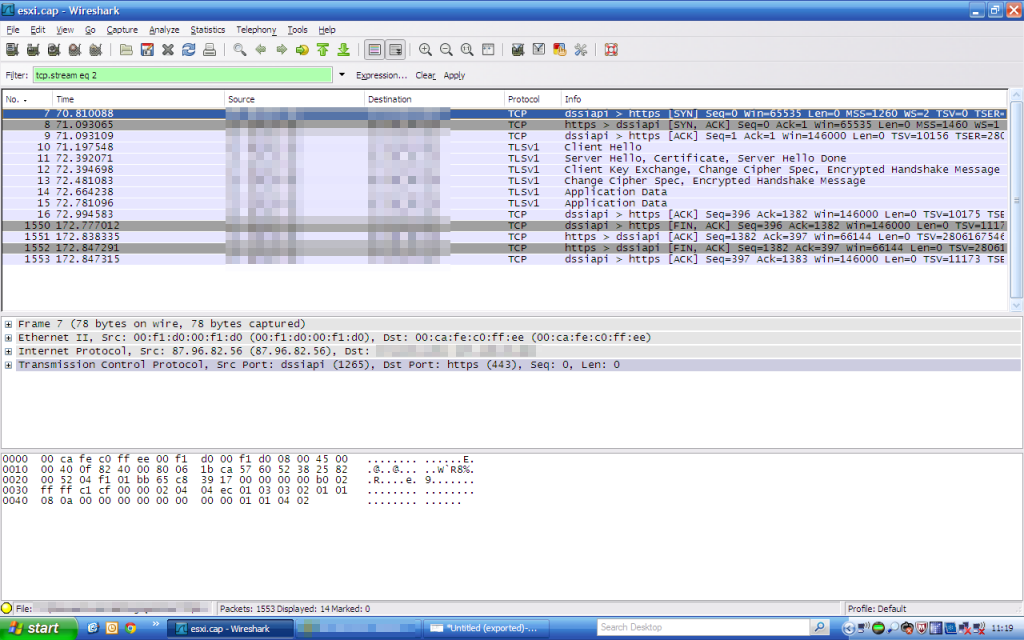 Wireshark capture showing vSphere Client and Hypervisor dialog